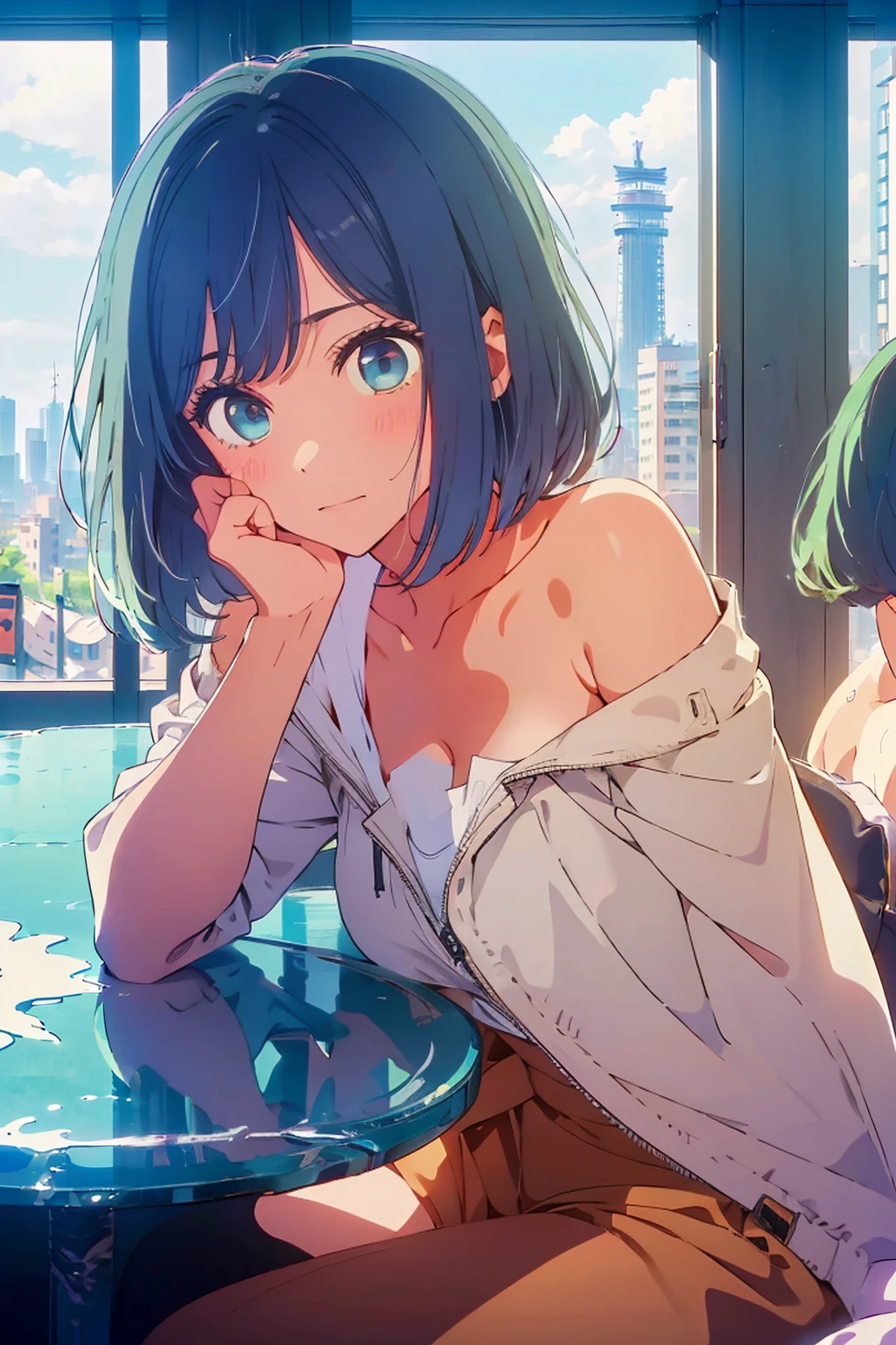 (Highest quality:1.4、8K:1.4、detailed)、F cup bust、Big Breasts、Slim body、Very white beautiful skin、((((1 person、Surprised expression、sit、Chair、In the background are the urban buildings of Tokyo、looking at the camera、Indoor cafe terrace、Navy hair color、juice、Shooting up close、Shooting from an angle、table、Very cute face))))、((((nude、Areola))))、(Hand touching cheek pose:1.4、Cheek resting on hand:1.4)、(Off-the-shoulder zip-up jacket)、Very blue sky、A completely cloudless sky