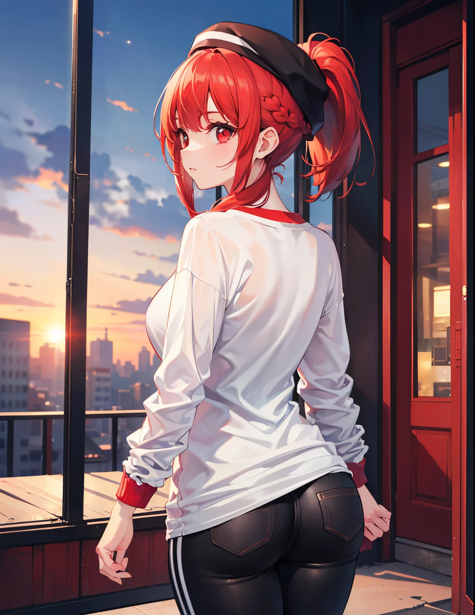 (Close-up:1.3),Realistic,Highest quality, Ultra Detail, High-quality CG rendering, The most delicate and beautiful, Floating softly, High resolution, (1 girl), (Highest quality,4K,8K,masterpiece:1.2),(All red hair:1.5), (ponytail:1.5),(Red eyes:1.5),(Slightly larger breasts:1.2), (White oversized long sleeve T-shirt:1.3),(Black skinny pants:1.3),(Pure black cap:1.3),In the city,old buildings,(whole body:1.3),(White sneakers:1.2),(Turn your back to your audience:1.3),Butt,Are standing