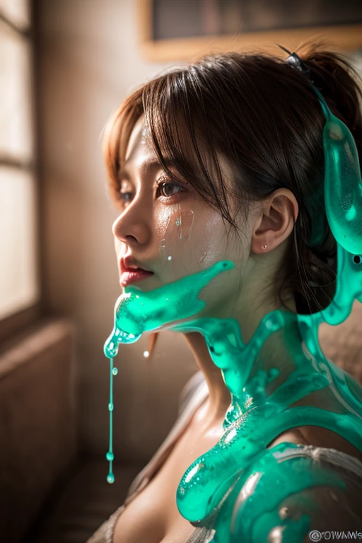 beautiful young woman, 1girl, long braided hair, revealing dress, cleavage, laying on sofa, (dripping clear slime on face:1.2), (dripping clear slime all over:1.2), portrait photography, best quality, 4k, 8k, highres, masterpiece:1.2, ultra-detailed, realistic, photorealistic, photo-realistic:1.37, HDR, UHD, studio lighting, ultra-fine painting, sharp focus, physically-based rendering, extreme detail description, professional, vivid colors, bokeh