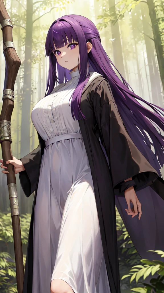 masterpiece, Highest quality, High resolution, Arfern, Long Hair, Purple Hair, Blunt bangs, Purple eyes, Large Breasts, Long dress, White Dress, Black Robe, Long sleeve, Are standing, holding staff, forest, Cowboy Shot,