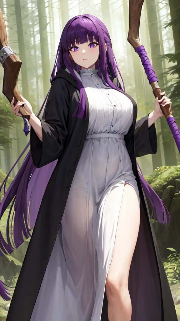 masterpiece, Highest quality, High resolution, Arfern, Long Hair, Purple Hair, Blunt bangs, Purple eyes, Large Breasts, Long dress, White Dress, Black Robe, Long sleeve, Are standing, holding staff, forest, Cowboy Shot,