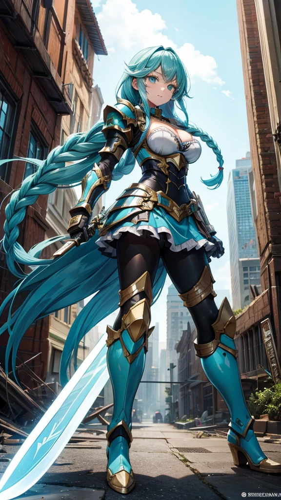 Girl with long cyan hair and double braids，tights，Cyan armor，cleavage，Iron skirt，，iron boots，Great sword，ruined city