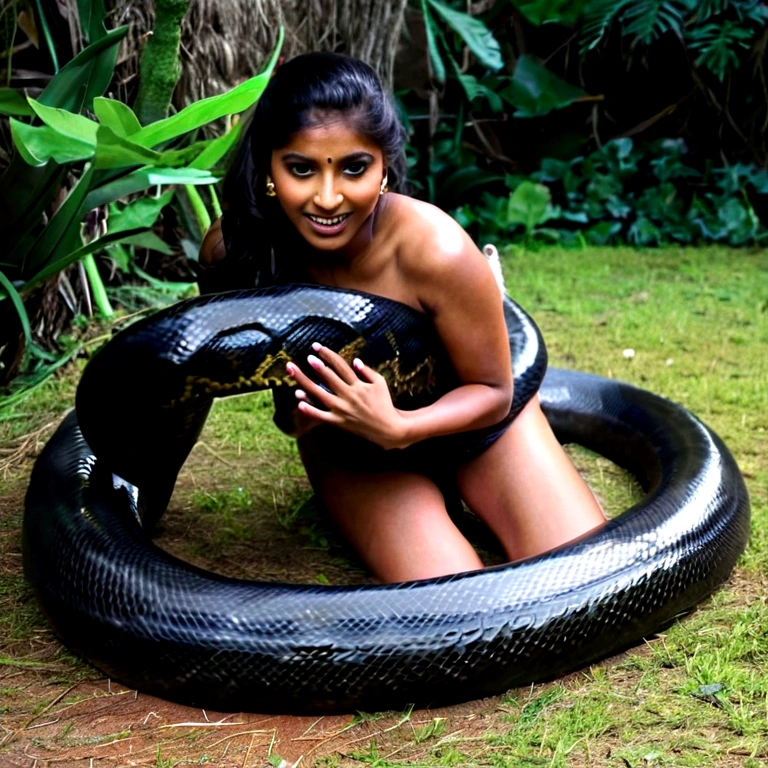 Happy Horny, aroused 1girl), beautiful kneeling indian young girl with giant colossal black anaconda squeezing her hard, wrapped in thick spiraling coils, constricted, struggle, gasping for air, snake attack, snake peril, moonless night, dim light