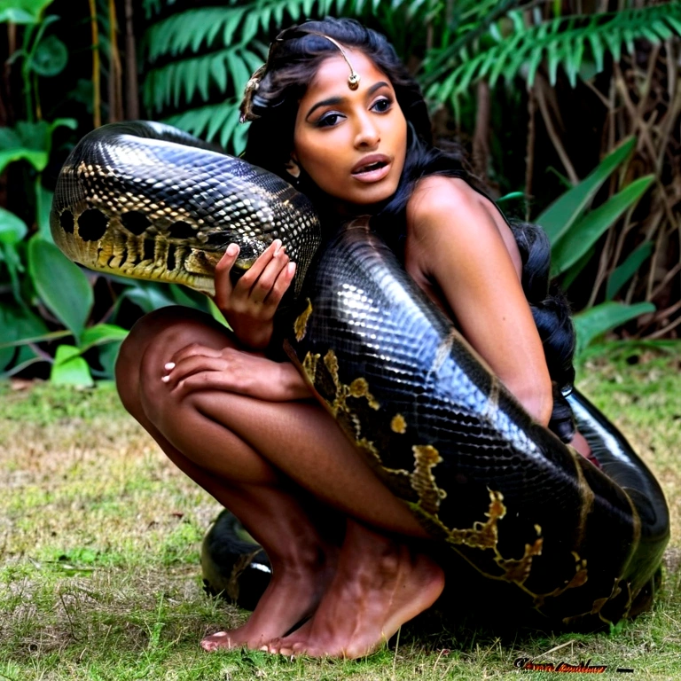 Happy Horny, aroused 1girl), beautiful kneeling indian young girl with giant colossal black anaconda squeezing her hard, wrapped in thick spiraling coils, constricted, struggle, gasping for air, snake attack, snake peril, moonless night, dim light