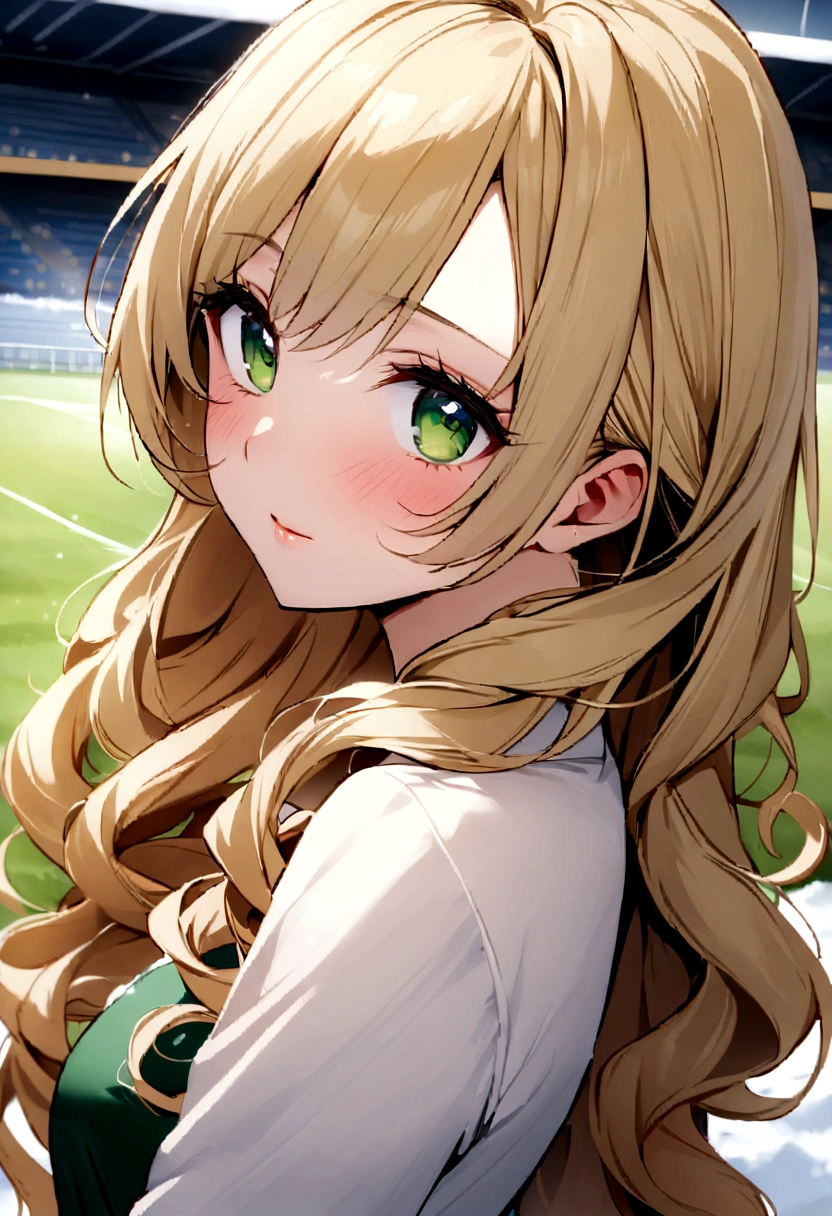 photo of a sexy 23 year old French girl with long flowing curly blonde hair and striking green eyes. It must have a natural and accessible expression and be enlightened. The background of the grandstand of a snowy football stadium. Capture this image with high-resolution photography using an 85mm lens for a flattering perspective.