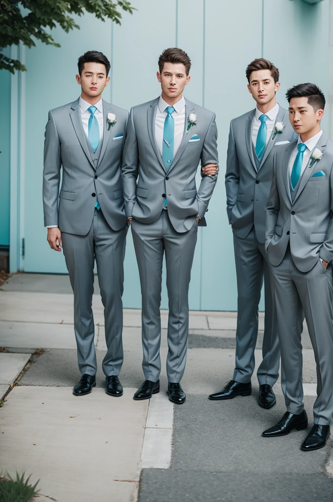 Groomsmen in gray suit, white blouse and tiffany blue tie
