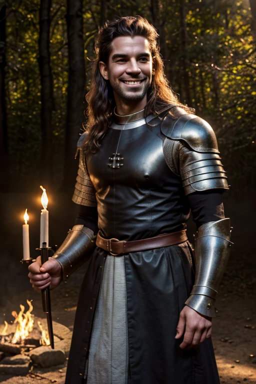 (Best Quality:1.3), Filming of movies, Masterpiece, (sharp focus:1.5), (natural:1.3), Medium portrait (A young medieval sorcerer with long wavy hair, SMILE, proud and fierce, Wearing exquisite leather armor., There are several burning torches on a path through the forest., Give the scene a dark atmosphere.，But the shape has a stark contrast between light and dark.), evening, (highly refined leather), (detailed face), detailed background, Dark light, twilight lighting, volumetric lighting, intricate details, ultra high definition, 