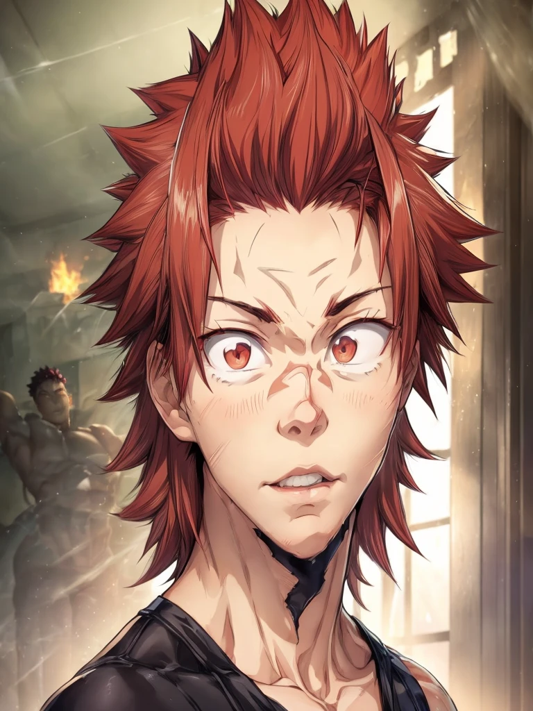 ((1boy)), young boy, (nice hands, perfect hands), (male focus), (perfect anatomy), ((kirishima eijirou)), bare chest, sparkling eyes, abs and pectoral muscles, (ready to attack a villain, looking at viewer), (ruined burning city in the background)