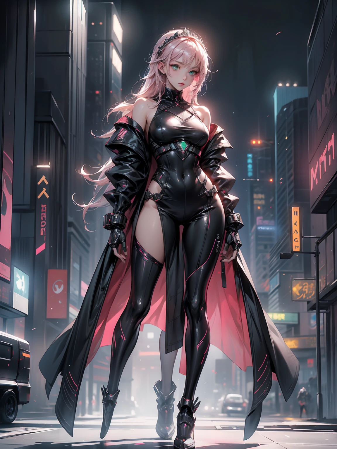 A sleek and modern artwork of a cyberpunk female character in a high-tech, futuristic cityscape. The full-body view reveals her clad in black and silver clothes, featuring armored boots, a chestplate, and ornate shoulder pads. Her pink hair and green eyes add a vibrant contrast to her high-tech ensemble. She wields a laser gun and wears a tiara, combining elegance with cutting-edge technology.
The background is a neon-lit cityscape with towering skyscrapers and bustling streets. Holographic advertisements flicker in the air, and flying vehicles zip by, creating a dynamic and futuristic atmosphere that highlights the character's sleek and modern design.