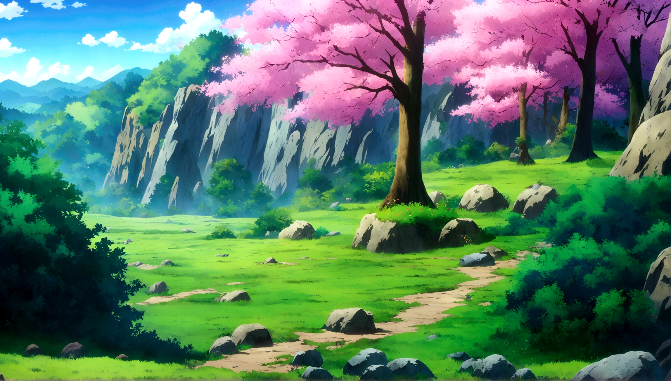 
anime - style painting of a tree in a grassy field with rocks, anime countryside landscape, anime landscape, anime landscape wallpaper, anime background art, beautiful anime scenery, anime background, anime beautiful peace scene, anime scenery, anime movie background, anime nature, anime scenery concept art, colorful anime movie background, beautiful anime scene, anime scene, beautiful landscape background