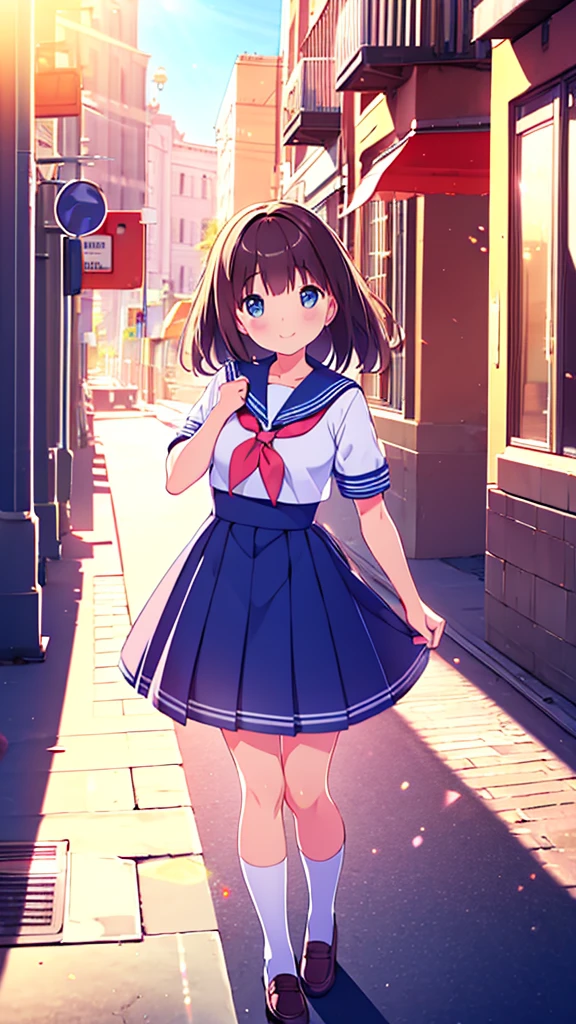 (Masterpiece), Best Quality, City, sunlight, light particles, Light rays, 1 girl, blush, SMILE, wide, sailor uniform full body  ray tracing 