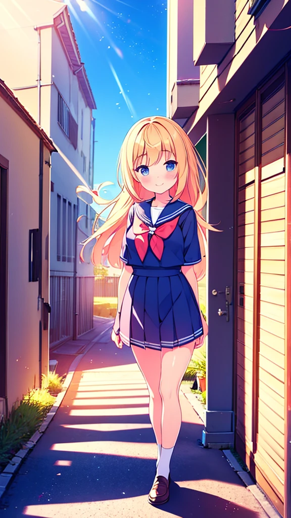 (Masterpiece), Best Quality, City, sunlight, light particles, Light rays, 1 girl, blush, SMILE, wide, sailor uniform full body ray tracing