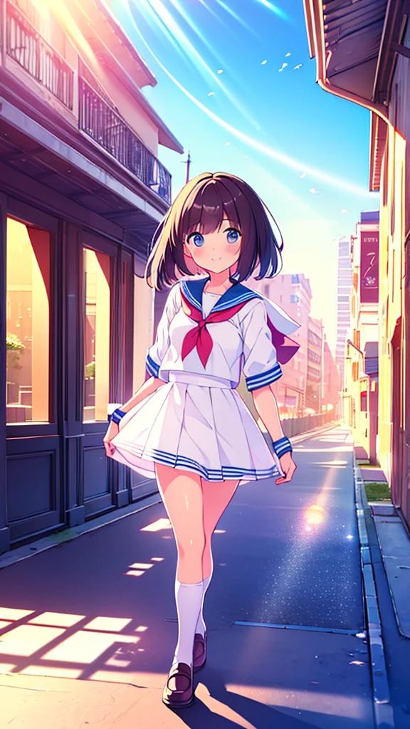 (Masterpiece), Best Quality, City, sunlight, light particles, Light rays, 1 girl, blush, SMILE, wide, sailor uniform full body ray tracing