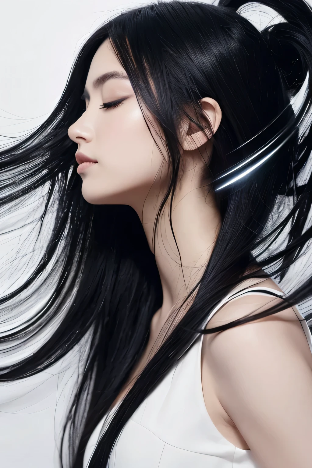 Sure, here is a detailed prompt for the image in English:

---

The image features a young woman with shoulder-length black hair standing against a two-toned background. The background is split vertically with the left side in a deep black and the right side in a light gray. The contrast between these colors creates a striking visual effect that draws the viewer's attention to the central figure.

The woman is positioned in profile, facing to the left. Her eyes are closed, and her expression is calm and serene, suggesting a moment of introspection or meditation. She is dressed in a white garment that appears to be disintegrating or merging with the background in an abstract manner.

From the left side of her body, black liquid-like splashes seem to emerge and blend into the dark background. These black splashes create a dynamic and somewhat chaotic effect, as if she is dissolving into the darkness. On the right side, contrasting white splashes emanate from her body, merging into the light gray background. This side appears more fluid and ethereal, giving a sense of purity and lightness.

The interplay between the black and white elements, combined with the woman's calm demeanor, creates a powerful representation of duality and balance. The abstract splashes add an element of movement and transformation, as if she is caught in the process of changing states or merging with her surroundings.

The overall composition is minimalist yet deeply expressive, utilizing color contrast and abstract forms to convey a sense of inner peace, transformation, and the coexistence of opposites. The image invites viewers to contemplate themes of identity, duality, and the fluid nature of existence.