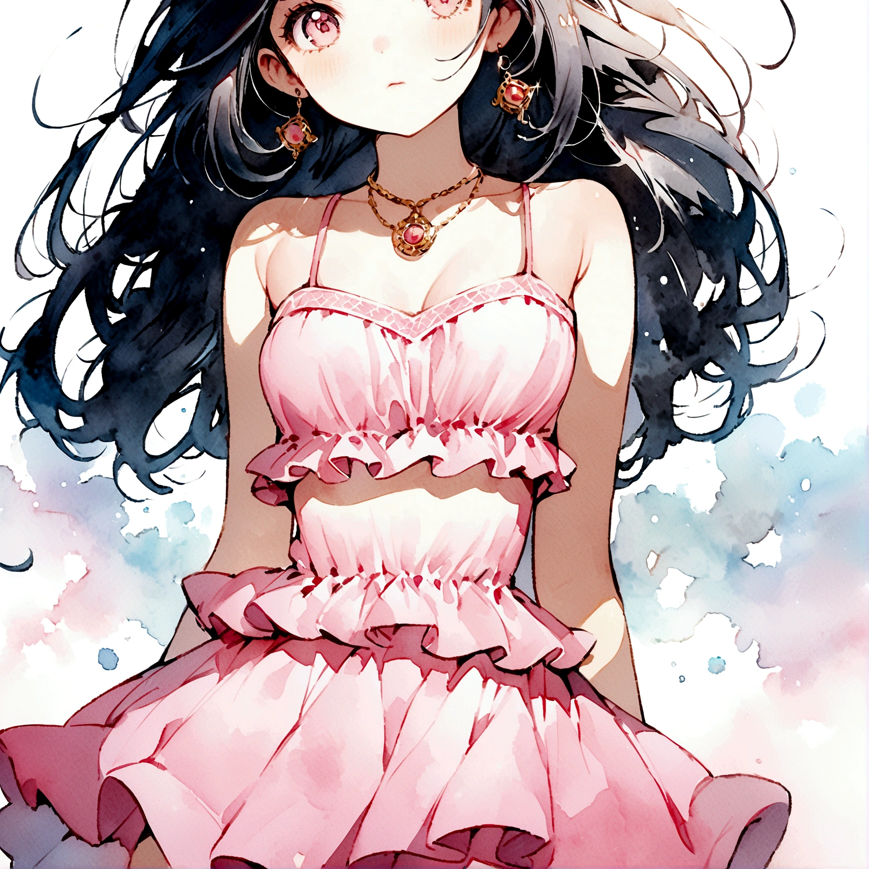 A complete watercolor, Anime illustration of a woman with light skin and black hair wearing a pink swimsuit on a white background.. She is dressed in a pink two-piece ensemble that features a strapless top with spaghetti straps and a ruffled hem.., paired with a matching flared hem skirt. The top has gathered details at the bust and the skirt has gathered details at the hem. The woman's hands are crossed in front of her and she is wearing a necklace with a gold pendant..by Anna Dittmann