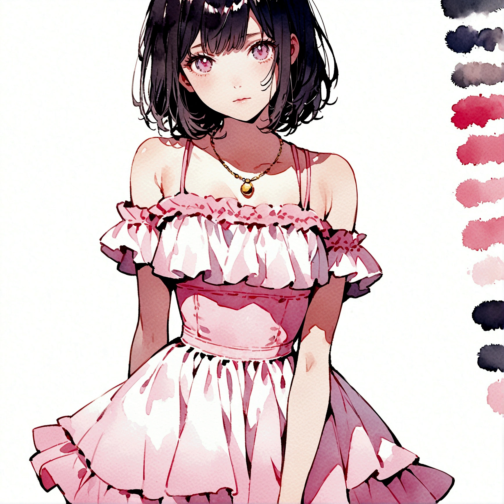 A complete watercolor, Anime illustration of a woman with light skin and black hair wearing a pink swimsuit on a white background.. She is dressed in a pink two-piece ensemble that features a strapless top with spaghetti straps and a ruffled hem.., paired with a matching flared hem skirt. The top has gathered details at the bust and the skirt has gathered details at the hem. The woman's hands are crossed in front of her and she is wearing a necklace with a gold pendant..by Anna Dittmann