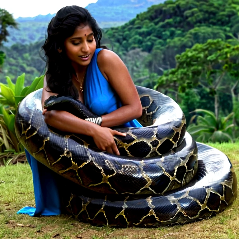  Happy Horny, aroused 1girl), beautiful kneeling indian young teen girl  with  giant colossal black anaconda  squeezing her hard, wrapped in thick spiraling coils, constricted, struggle, gasping for air, snake attack, snake peril, moonless night, dim light