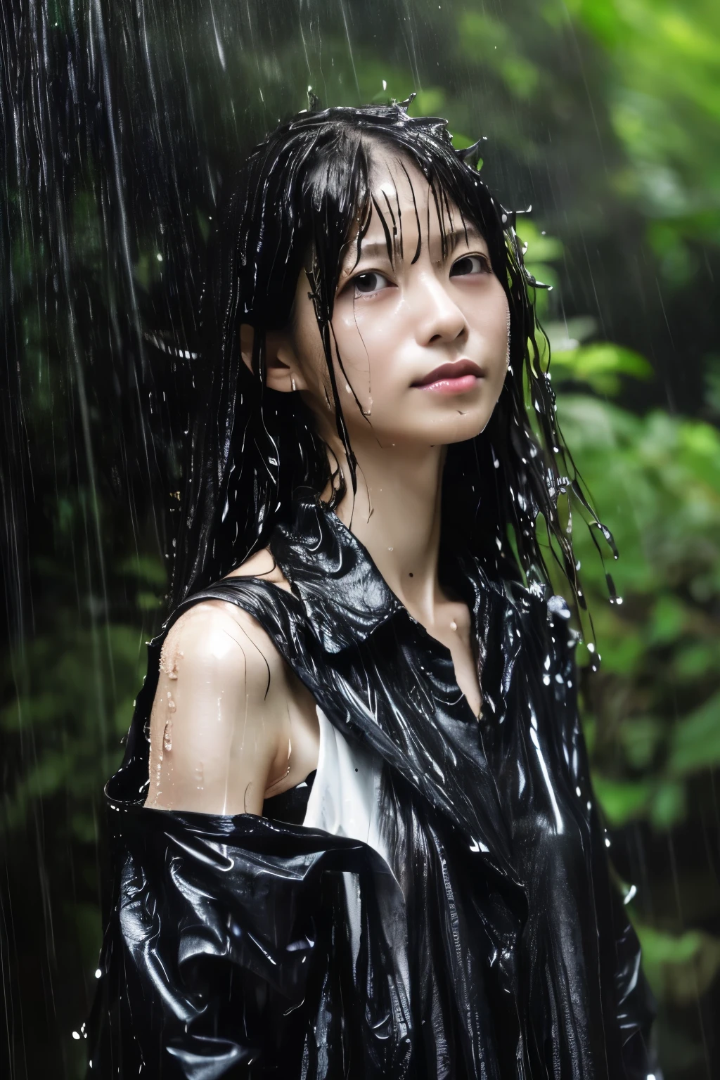 Best Image Quality, masterpiece, Ultra high resolution, (loyalty :1.4), Skinny Japanese woman, 1 girl, detailed face, detailed eyes, correct human body structure, dim, Dark, Tears, Tearsdrop, (White shirt), (wet soaked clothes sticking to the body:1.4), bare shoulders, wet hair, torrential rain, in the deep forest,