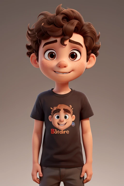 6 year old boy face, dark brown curly hair, brown eyes and small nose. Wearing a black “Pipe’s” t-shirt. neutral background.