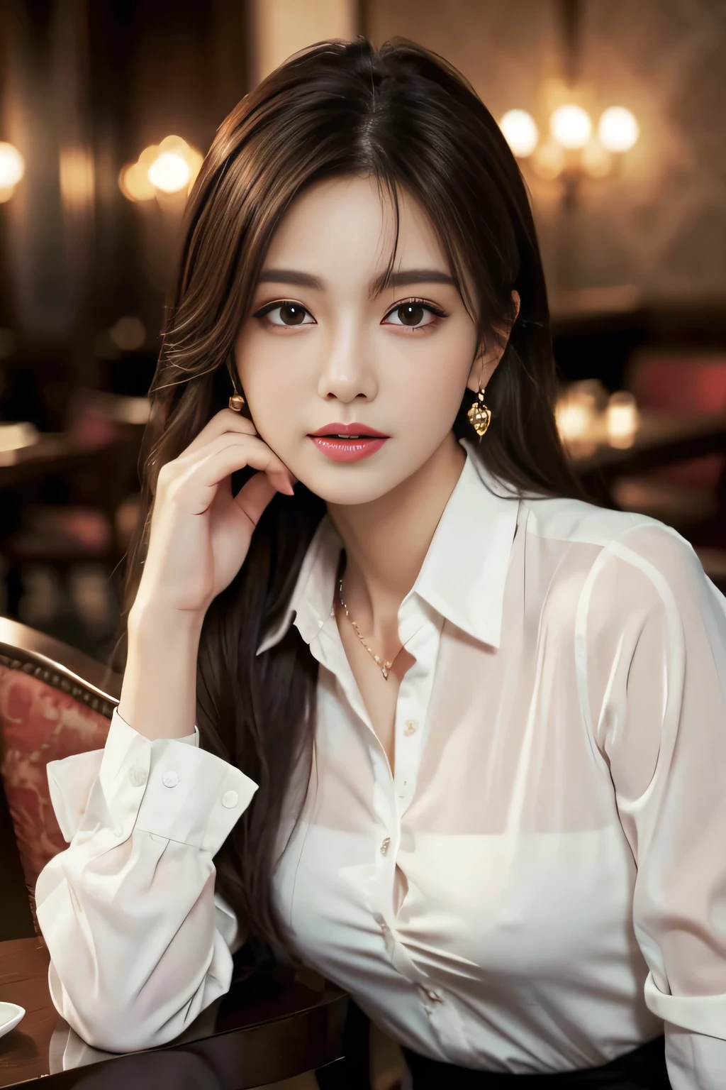 masterpiece, Highest quality, Realistic, Very detailed, Finer details, High resolution, 8k wallpaper, One beautiful woman, Wear an elegant see-through shirt, In a great restaurant, At night, Light brown messy hair, Perfect dynamic composition, Beautiful and beautiful eyes、Big earrings、Sit on a chair、