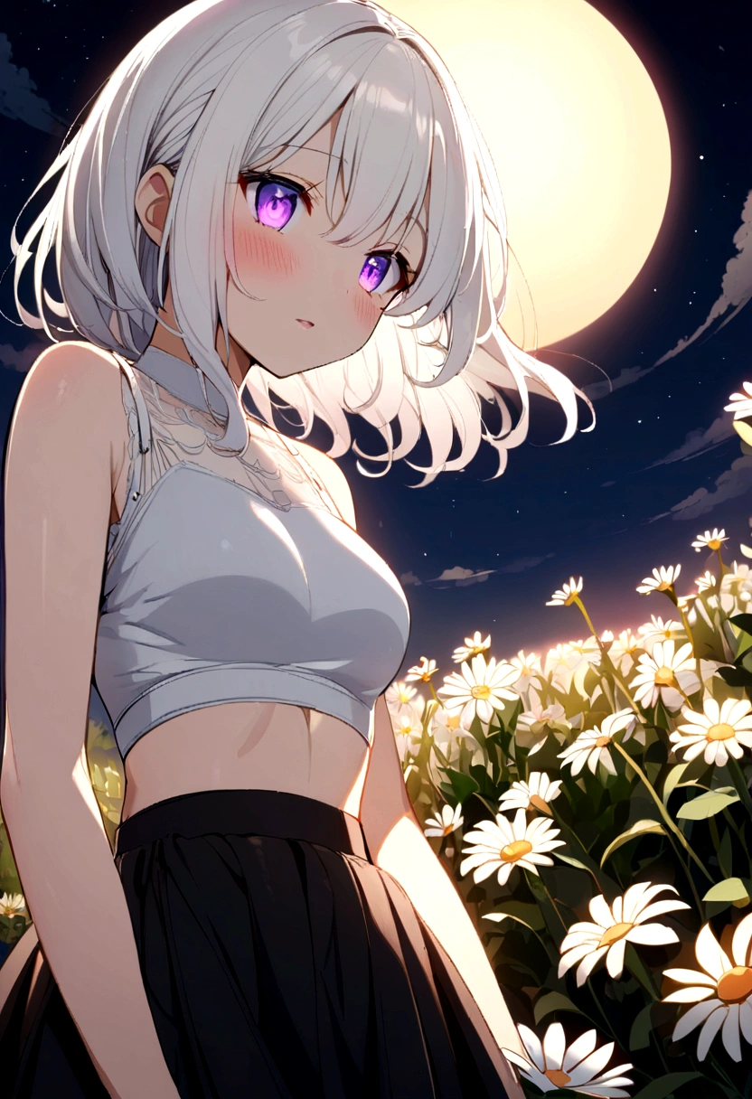 Anime, 1girl, white hair, purple eyes, glowing eyes, crop top, skirt, parted lips, blush, night, flowers, sun, sunlight,