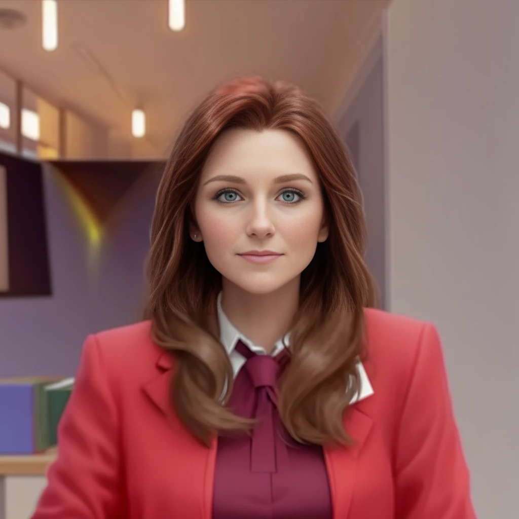 A woman, teacher, redhead, 30 years old, green eyes, black executive dress, inside a classroom