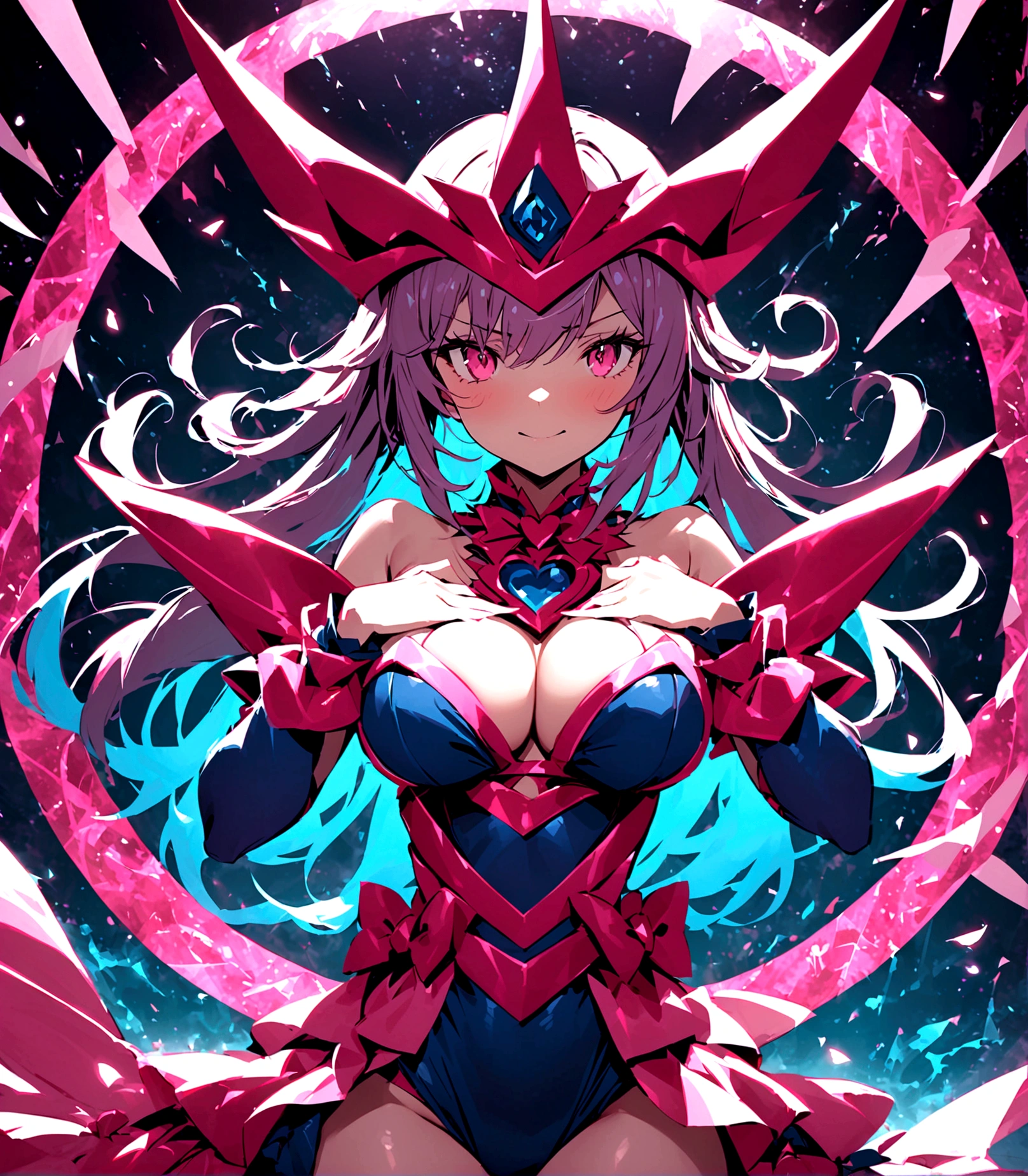 (Assymetrical) (Masterpiece), (The best quality), Perfect lighting, beautiful girl, perfect girl, (sexy), hands hidden, dark magician girl, (color pallette:neon green,neon purple), touching her long neon UVhair, flowing hair, dynamic pose, provocative pose, big tits, neckline, create a magic background using shades of pink purple and blue. Walking out of a magical heart shaped Portal.