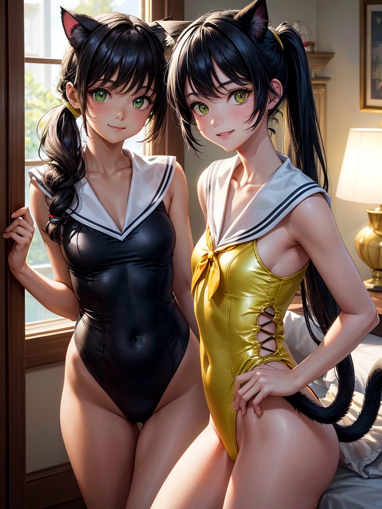 Highest quality,High resolution,１People Girl,whole body,fine,smile,looking at the camera,Bedroom,Dazzling lighting,ponytail,Black Hair,Yellow-green eyes,Sailor Leotard,beautiful girl,Cat ear,Cat tail,