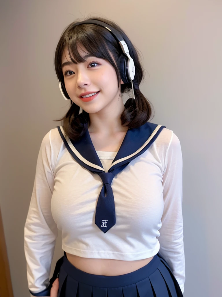 best quality, masterpiece, realistic, photorealistic, 1girl, 独奏, looking at viewer, smile, standing, full body, arms at side, cosplay, BLACK hair, twintails, hair ornament, very short hair, headphones, alternate costume, , sailor collar, shirt, long sleeves, necktie, skirt, pleated skirt, white thighhighs, loafers, simple background, Japanese women、24-years-old、The background is a pure white room、Singing on a microphone、No bangs、Her chest is an A cup