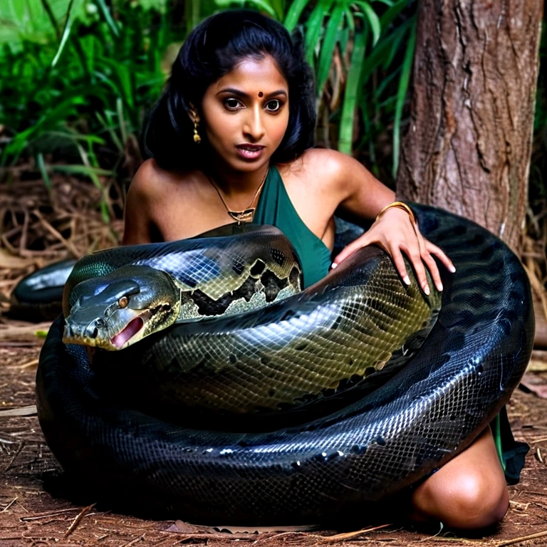  Happy Horny, aroused 1girl), beautiful kneeling indian young teen girl  with  giant colossal black anaconda  squeezing her hard, wrapped in thick spiraling coils, constricted, struggle, gasping for air, snake attack, snake peril, moonless night, dim light