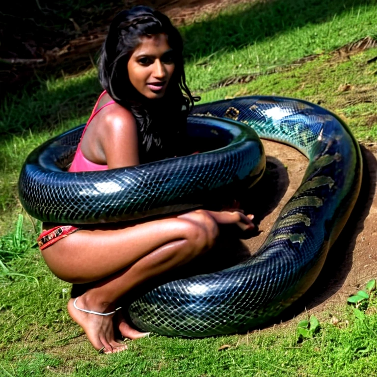 Happy Horny, aroused 1girl), beautiful kneeling indian young girl with giant colossal black anaconda squeezing her hard, wrapped in thick spiraling coils, constricted, struggle, gasping for air, snake attack, snake peril, moonless night, dim light