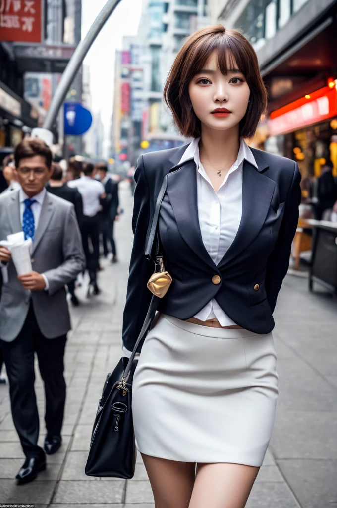 a 20 year old face of the most beautiful actress in the world, the perfect body proportions of a female, tight blazer is worn with formal shirt on female upper body, panties of female crotch between bare legs under short skirt are seen just a little, the short hair cut of a female being just like male one is cool, standing, at the city street, nsfw, best quality, highly detailed, masterpiece, ultra high res, photo realistic, 8k