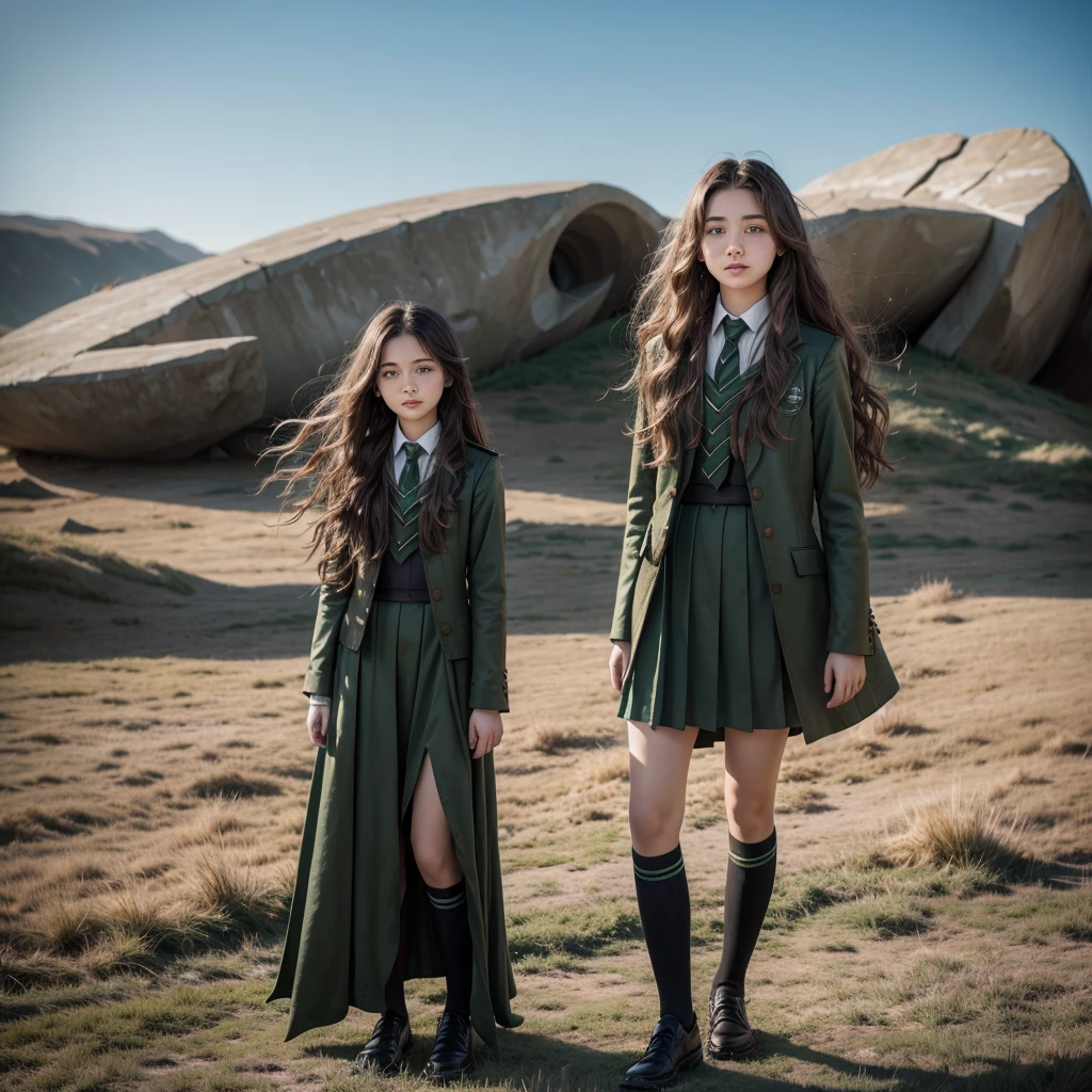 A 17 year old girl, very serious long wavy hair, in Howards Slytherin uniform full body standing in front of Howards with wind blowing her hair making it cover part of her face