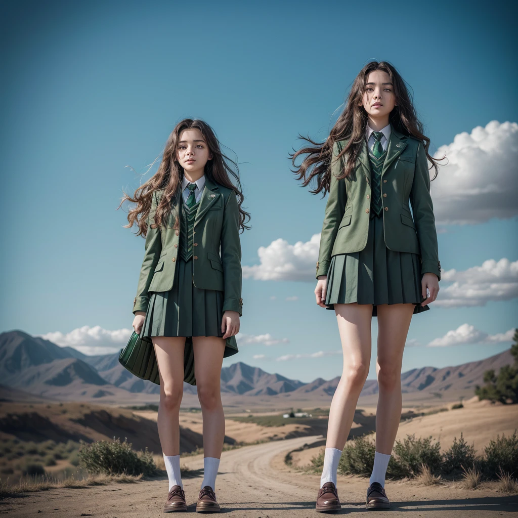 A 17 year old girl, very serious long wavy hair, in Howards Slytherin uniform full body standing in front of Howards with wind blowing her hair making it cover part of her face