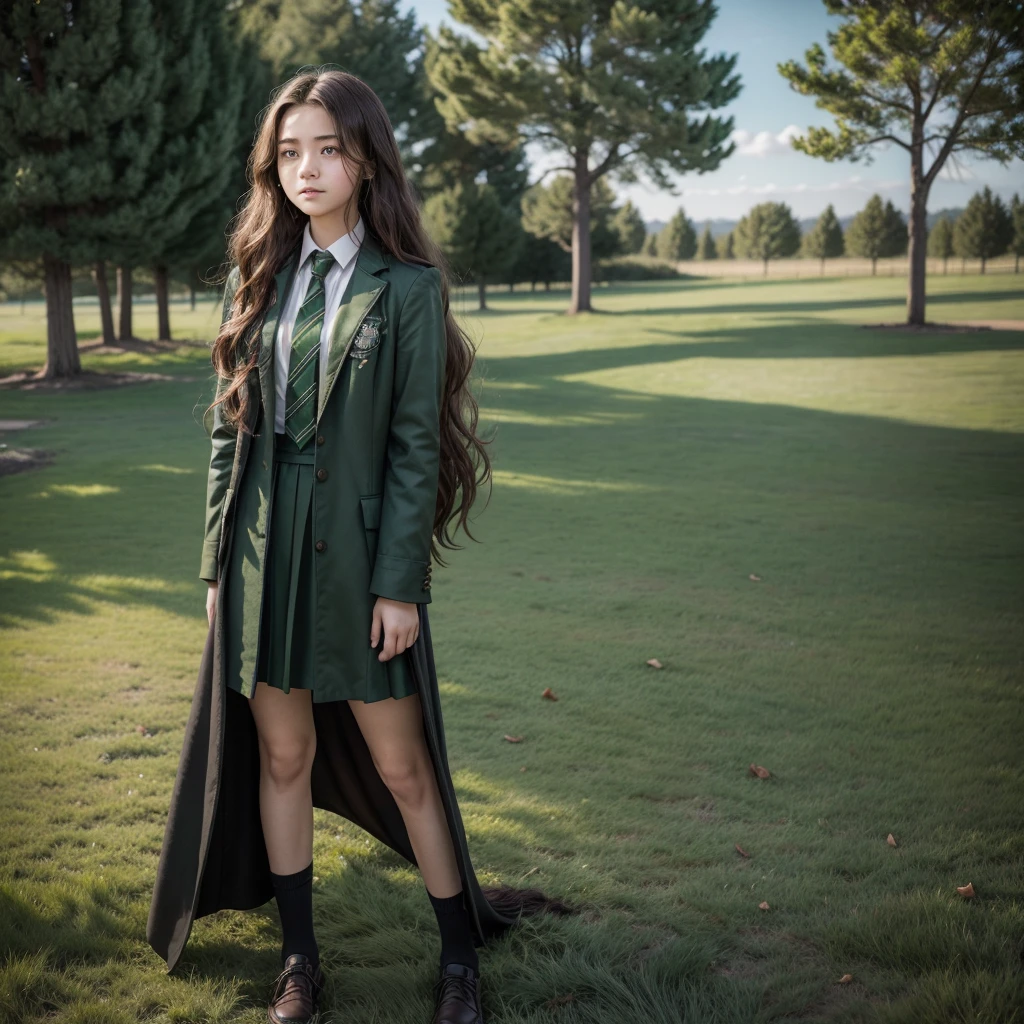 A 17 year old girl, very serious long wavy hair, in Howards Slytherin uniform full body standing in front of Howards with wind blowing her hair making it cover part of her face