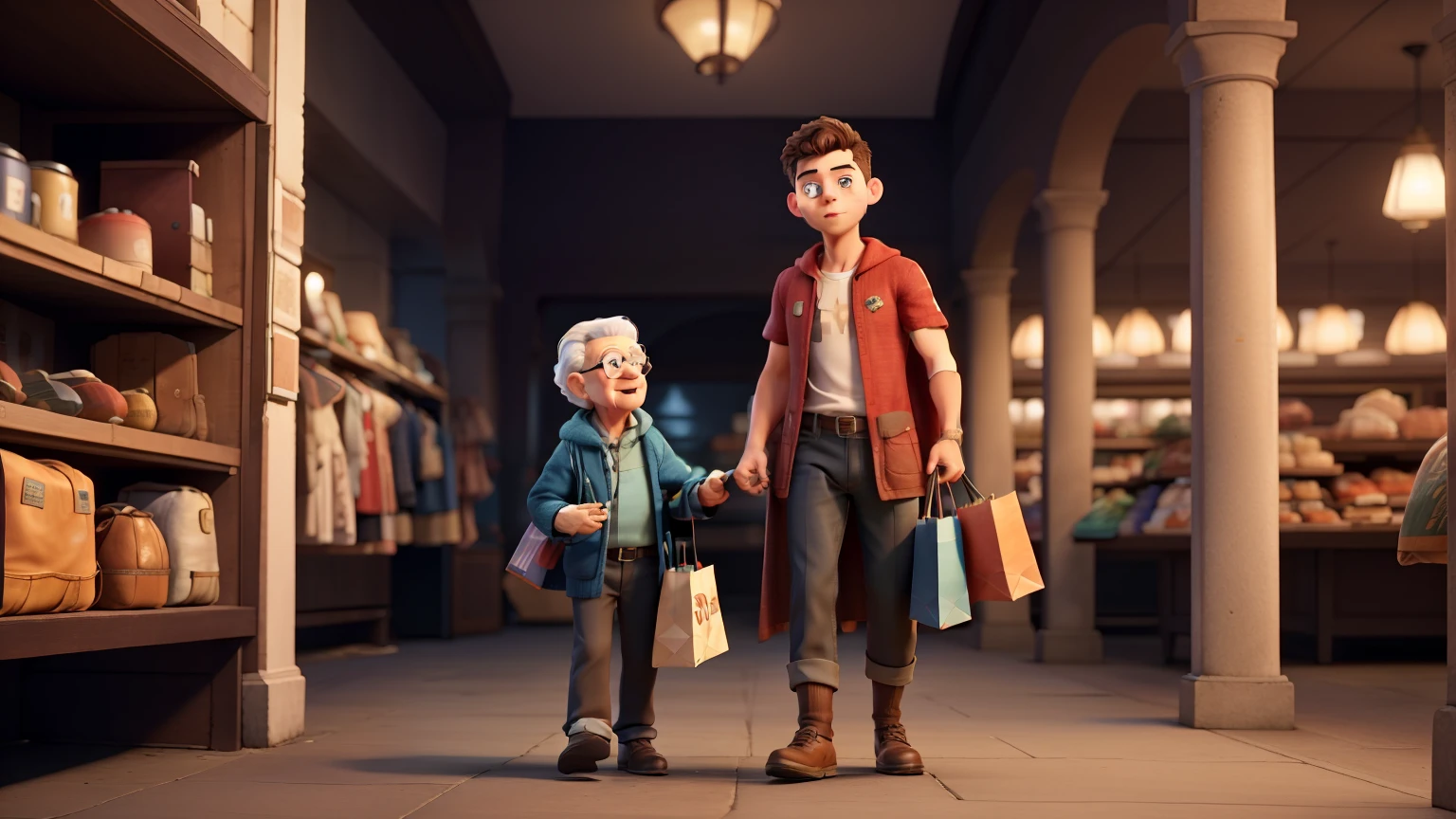 A boy wearing a superhero cape helps a friend's grandmother carry the shopping. cinematic scene