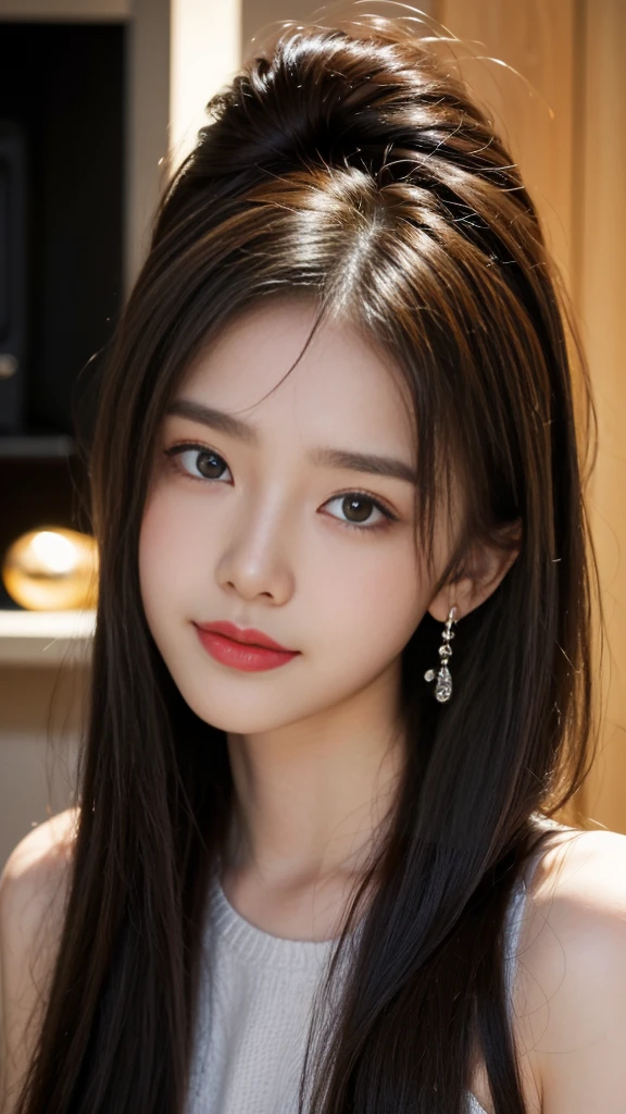 1 girl, Silver Hair, Brown hair, Dull bangs, Floating hair, Long hair, Fireplace awning, Eye of Water, Shining eyes, Long eyelashes, earrings, compensate, Smile, Open your mouth, Written border depth, First person perspective, From behind, upside down, F/1.8, 135 mm, Canon, 超HD, Retina, masterpiece, precise, Anatomically correct, Rough skin, Very detailed, Advanced Details, high quality, 最high quality, high resolution, 1080P, HD, 8K，from the side