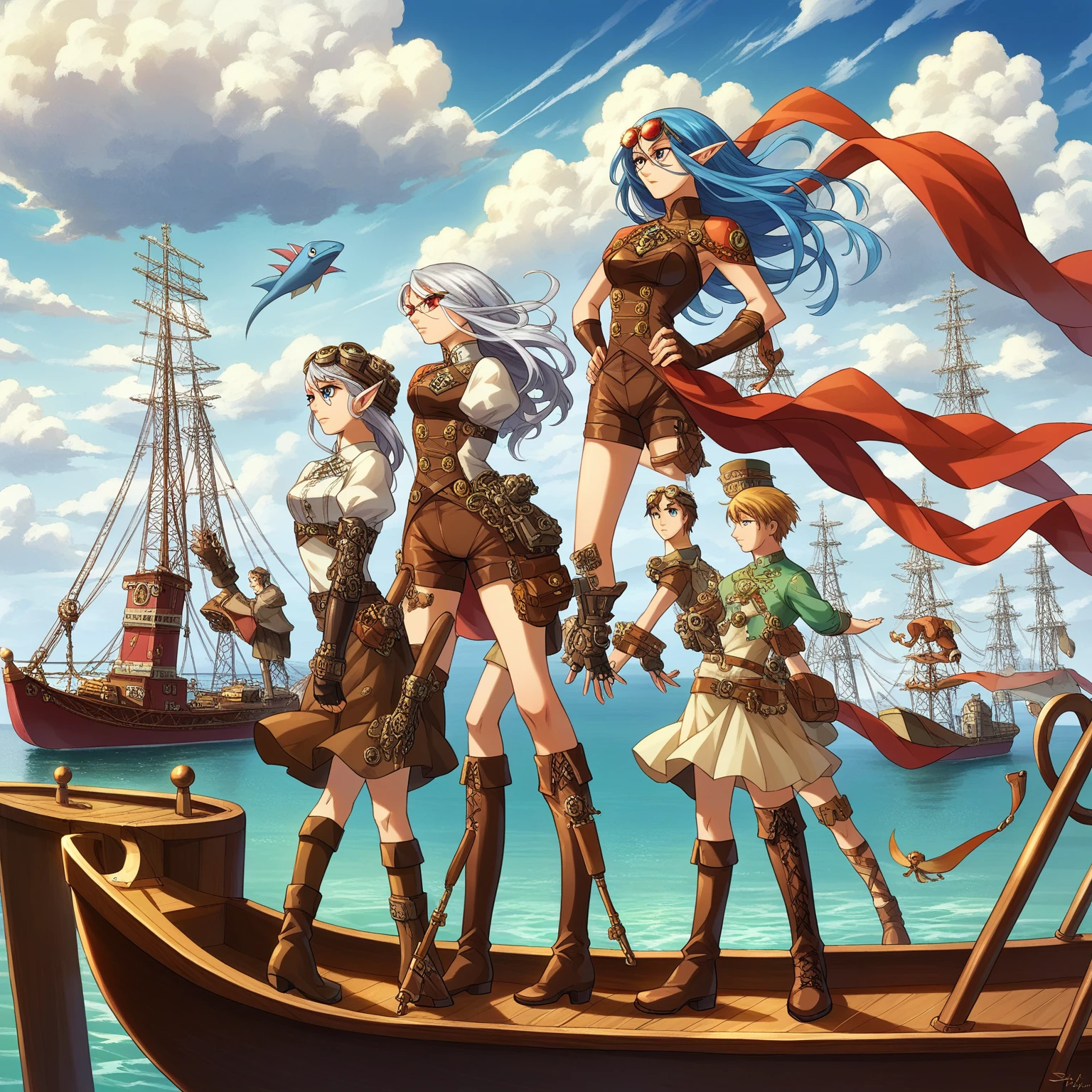 Masterpiece, high quality, illustration, extremely detailed, CG 8k unit, Dirigible, wind effects, 1_Women, whole body, standing on the deck of the wooden boat, clouds, lake, (exotic skin_complexion:1.4),maduro, statuary, high, beautiful, exotic, with long elf ears, looking to the side, two tone hair, long silver hair with Blue hair underneath, detailed face with diamond shaped eyes, (Blue_eyes), (dark_eyeliner), long_medium lashes_bust, airtight_gap, wearing steampunk corsé, chest window, brown shorts, cross belts, (glasses on head), red tinted glasses lenses, long fingerless_gloves, belts with metal gears, brown half skirt, hands on the hips, black airtight highs with embroidery, lace-up knee-high boots, Dynamic lighting casts detailed shadows., by canon dos, SIGMA 35mm F1 Art Lens.4, iso 100 shutter speed 2000, perfect hands,