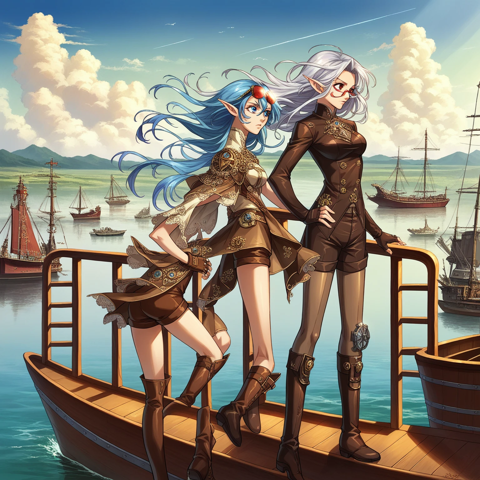 Masterpiece, high quality, illustration, extremely detailed, CG 8k unit, Dirigible, wind effects, 1_Women, whole body, standing on the deck of the wooden boat, clouds, lake, (exotic skin_complexion:1.4),maduro, statuary, high, beautiful, exotic, with long elf ears, looking to the side, two tone hair, long silver hair with Blue hair underneath, detailed face with diamond shaped eyes, (Blue_eyes), (dark_eyeliner), long_medium lashes_bust, airtight_gap, wearing steampunk corsé, chest window, brown shorts, cross belts, (glasses on head), red tinted glasses lenses, long fingerless_gloves, belts with metal gears, brown half skirt, hands on the hips, black airtight highs with embroidery, lace-up knee-high boots, Dynamic lighting casts detailed shadows., by canon dos, SIGMA 35mm F1 Art Lens.4, iso 100 shutter speed 2000, perfect hands,