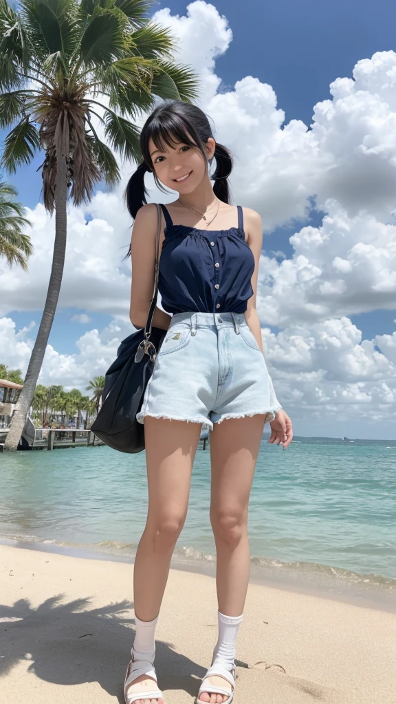 Japanese, brown eyes, smiling, high school girl, black hair, pigtails, blue ribbon hair accessory, sleeveless blouse with shoulder straps, summer clothes, blue denim shorts, white socks, white sandals, large breasts, necklace, nostalgic scenery, blue sky and white cumulonimbus clouds, standing in front of a palm tree, resort island, seaside park, sandy beach, water&#39;s edge, gravure photo shoot