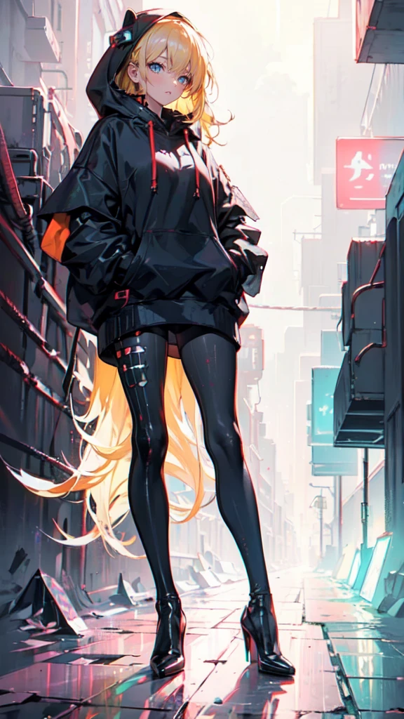1 girl, long Yellow hair , cyberpunk, blue eyes, high heels, hand in pocket, best quality, 4k, 8k, highres, masterpiece:1.2, ultra-detailed, realistic, photorealistic, photo-realistic:1.37, HDR, UHD, studio lighting, ultra-fine painting, sharp focus, physically-based rendering, extreme detail description, professional, vivid colors, bokeh, cyberpunk, science fiction, neon lights, dark atmosphere, dramatic lighting