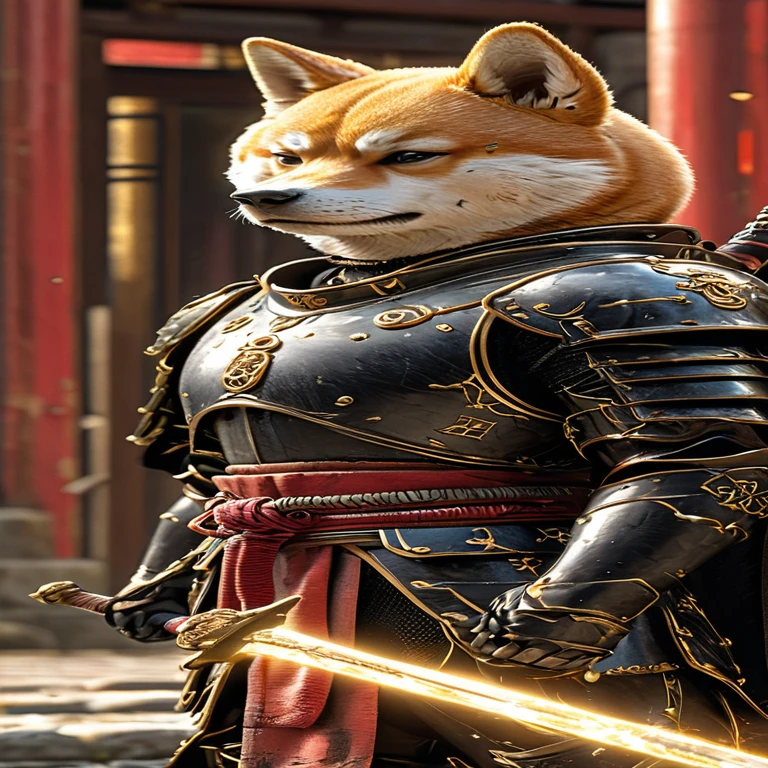 Close-up shot of a Shiba Inu, Shiba Inu Samurai,whole body, He has a Japanese sword wrapped in lightning., Wearing black Japanese armor, Japanese temple background, High resolution, masterpiece, Highest quality, Super detailed, Super detailed, Ultra-realistic,
 Japan style, 3D Fluffy, Cute and adorable close-ups, Cute big round reflective eyes, Long fuzzy fur, Pixar Rendering, unreal engine Cinematic smooth, Exquisite detail, Cinematic