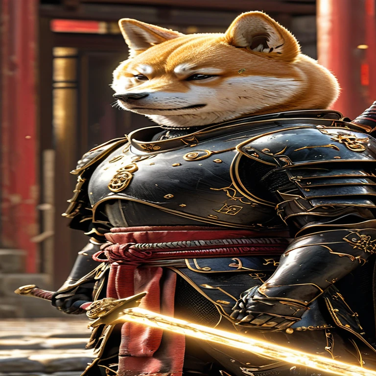 Close-up shot of a Shiba Inu, Shiba Inu Samurai,whole body, He has a Japanese sword wrapped in lightning., Wearing black Japanese armor, Japanese temple background, High resolution, masterpiece, Highest quality, Super detailed, Super detailed, Ultra-realistic,
 Japan style, 3D Fluffy, Cute and adorable close-ups, Cute big round reflective eyes, Long fuzzy fur, Pixar Rendering, unreal engine Cinematic smooth, Exquisite detail, Cinematic