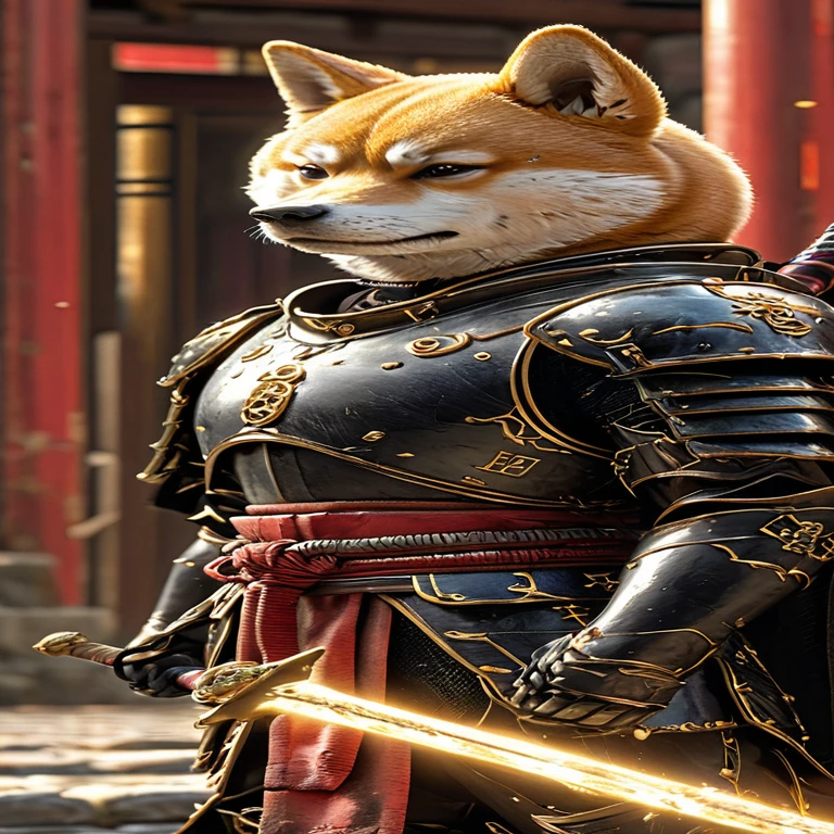 Close-up shot of a Shiba Inu, Shiba Inu Samurai,whole body, He has a Japanese sword wrapped in lightning., Wearing black Japanese armor, Japanese temple background, High resolution, masterpiece, Highest quality, Super detailed, Super detailed, Ultra-realistic,
 Japan style, 3D Fluffy, Cute and adorable close-ups, Cute big round reflective eyes, Long fuzzy fur, Pixar Rendering, unreal engine Cinematic smooth, Exquisite detail, Cinematic