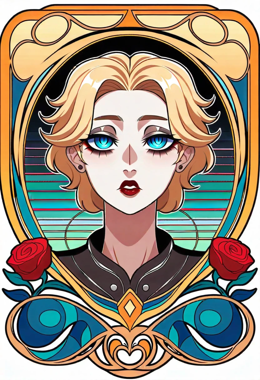 modern basic, (((Women))), Vampire woman tarot card with, Women, Perfect face, YOUNG, (((Oval face))), dark clothes, soft and melancholic facial features, delicate, without wrinkles, Gothic style, perfect and detailed eyes and face, blonde hair and blue eyes vampire woman, Hybrid synthwave and modern style., Bold and soft lines, dynamic composition, combining organic patterns in a modern style, roses and intricate motifs, personifying the Vampire with a touch of mysticism and gothic, serene expression, tunics, decorated with Art Nouveau patterns, Digital mesh landscapes with an emphasis on natural forms., neon outline effects, reminiscent of stained glass, White background, high contrast for easy coloring, visual clarity, French Art Nouveau, 80's Vaporwave art style. minimalist detail,