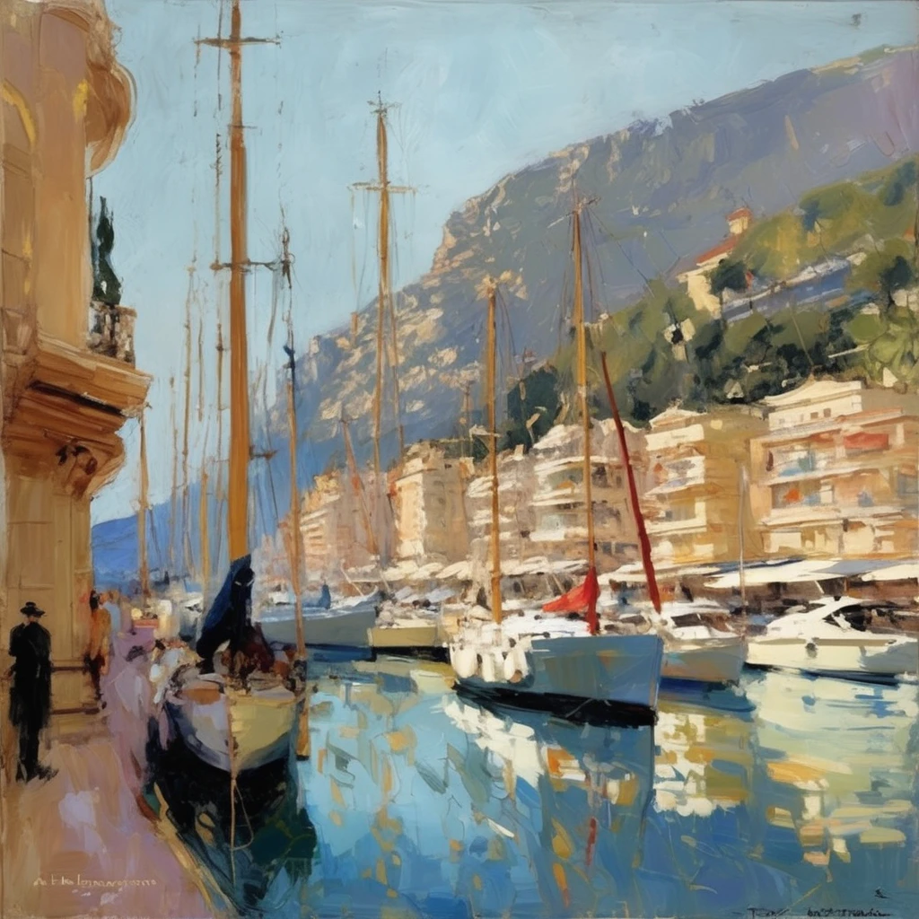 Konstantin Korovin Style - oil painting of a beautiful yacht haven in monaco. Muted colors. Artwork by Abbott Handerson Thayer.