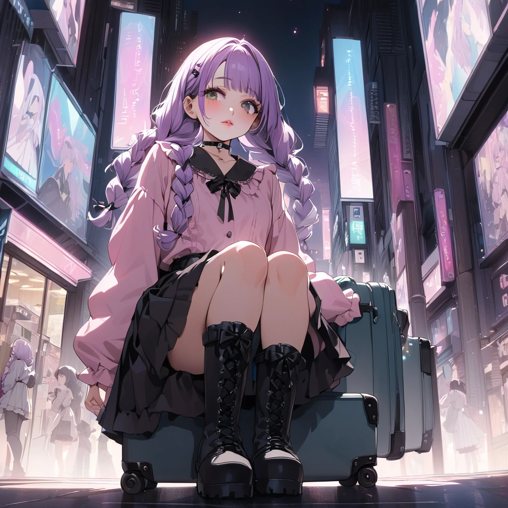 masterpiece, ultra detailed, 8K, solid blue Skyscrapers background, full body shot, Angle looking up from below.happy, a girl, kawaii, light atmosphere, mysterious atmosphere, (Cute a girl:1.5), (a girl with closs hair pin,pale purple hair,wavy two braids,bluntbangs hair,green and black eyes,
pink shirt,cosplay, jirai kei, bangs, black skirt, black bow, looking at viewer, bow, long sleeves, choker, ribbon,pink lips,Thick-soled boots,fullbody shot :1.4),boots focus,
(masterpiece:1.3), anime visual, (Lovey-dovey:1.5), (tilt head:1.3), extremely delicate face, soft clean focus, realistic lighting and shading, (an extremely delicate and beautiful art:1.3), elegant, (muted colors:1.1), small breast,slim,Sitting on a carry-on bag in Akihabara's pedestrian mall,morning lit,