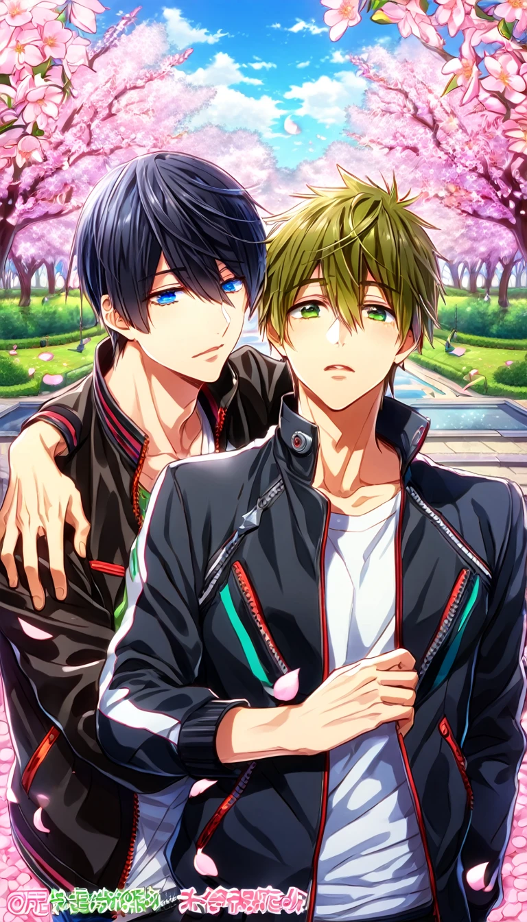 absurdres, highres, ultra detailed, HDR, master piece, best quality, Nanase Haruka, black hair, expressive blue eyes, Free!, Tachibana Makoto, brown hair, expressive green eyes, two sexy men together, gay couple, yaoi, handsome, black leather jacket, white shirt, fantasy, shining, park, pink flowers, pink blossoms, pink petals