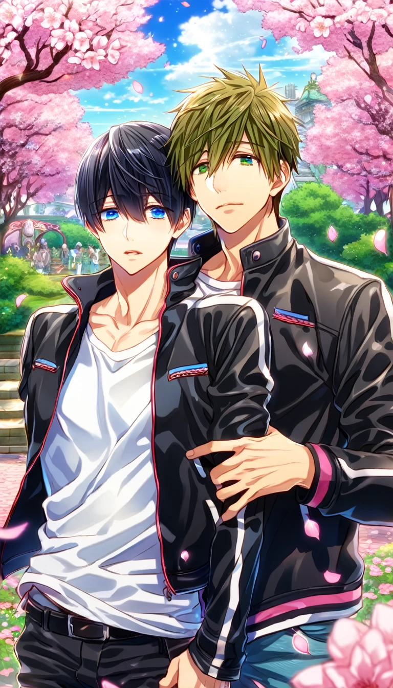 absurdres, highres, ultra detailed, HDR, master piece, best quality, Nanase Haruka, black hair, expressive blue eyes, Free!, Tachibana Makoto, brown hair, expressive green eyes, two sexy men together, gay couple, yaoi, handsome, black leather jacket, white shirt, fantasy, shining, park, pink flowers, pink blossoms, pink petals