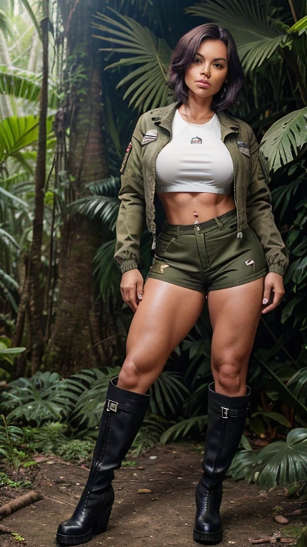 55 years old army woman, shorts, open jacket with crop top, attitude pose, fit body, slim waist, large breasts, thick bust, thick thighs, full body, bob length hair, sweating, in jungle, waist high boots